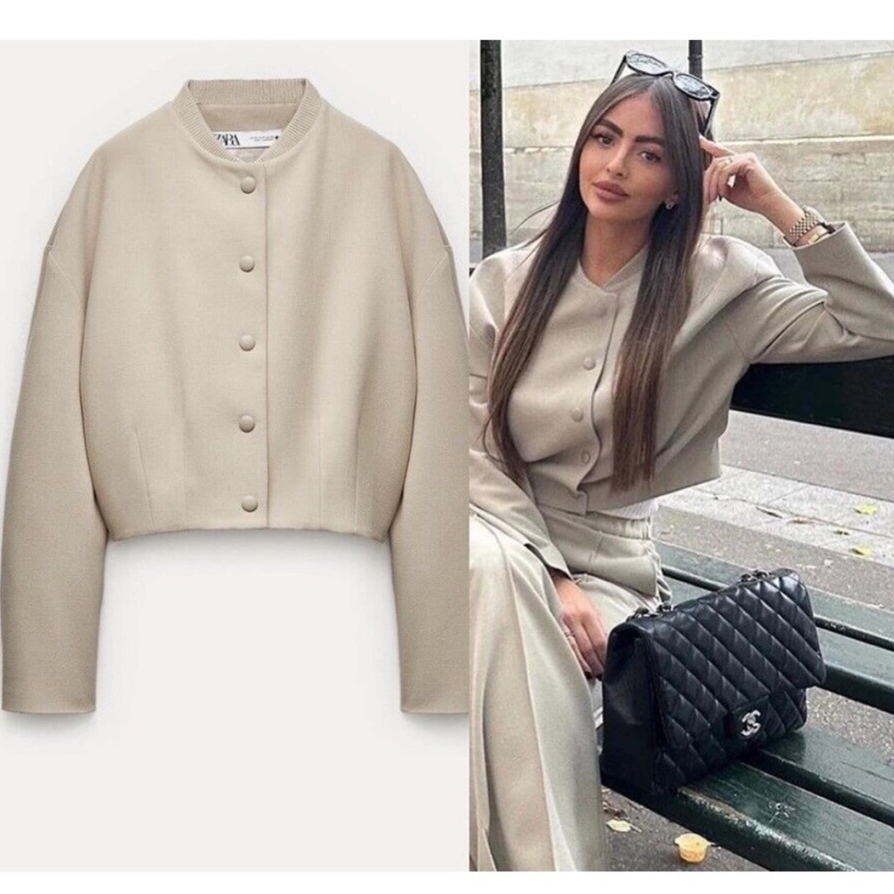 Zara Cropped Button-Front Jacket in Beige